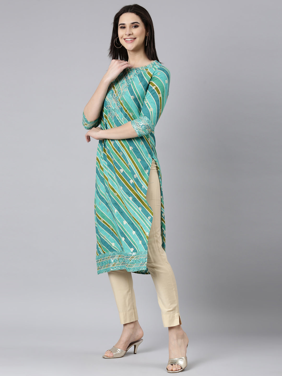 Neerus Green Rayon Printed Straight Kurti - back view