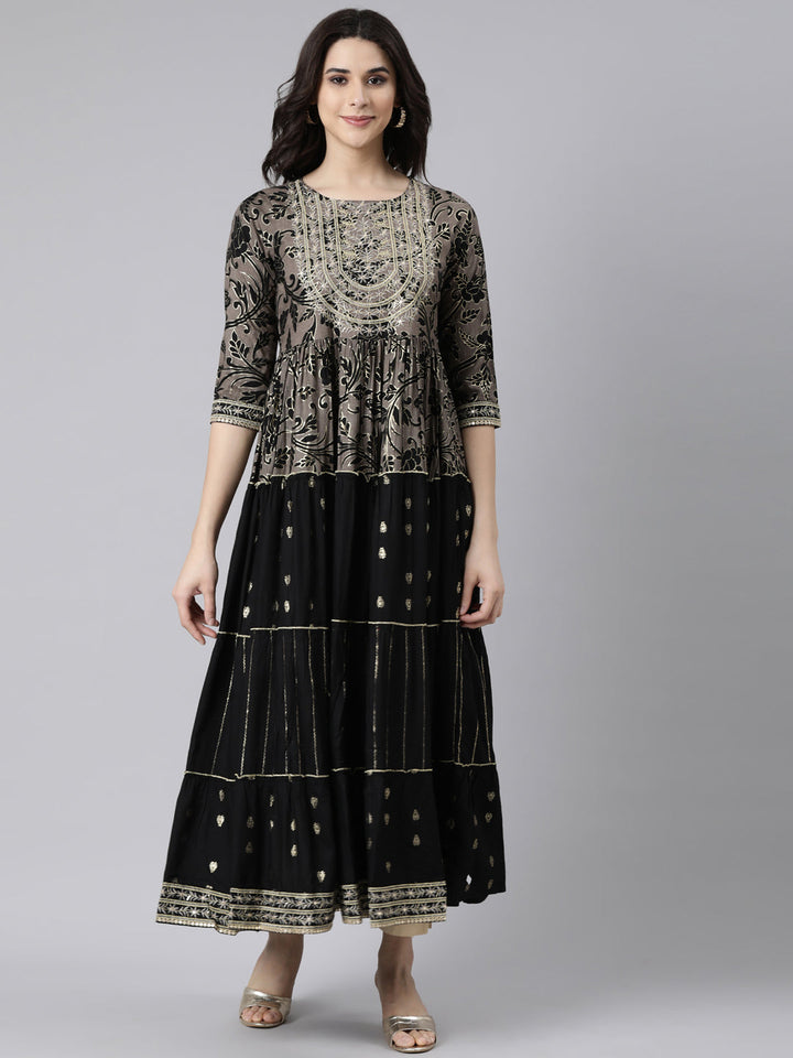 Neerus Black cotton printed floral flared maxi dress - front view