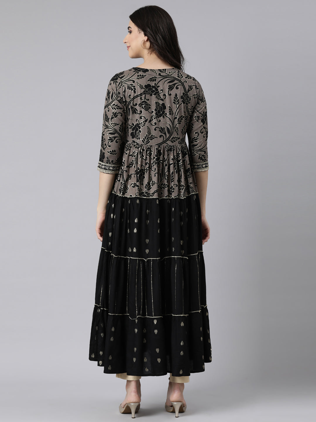Neerus Black cotton printed floral flared maxi dress - side view