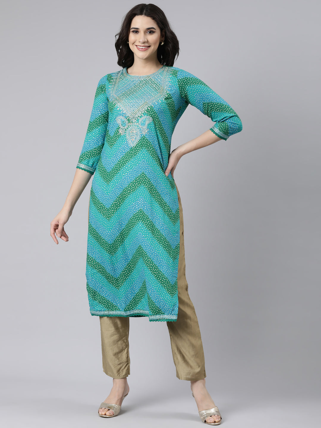 Neerus Blue chevron printed straight kurti - front view