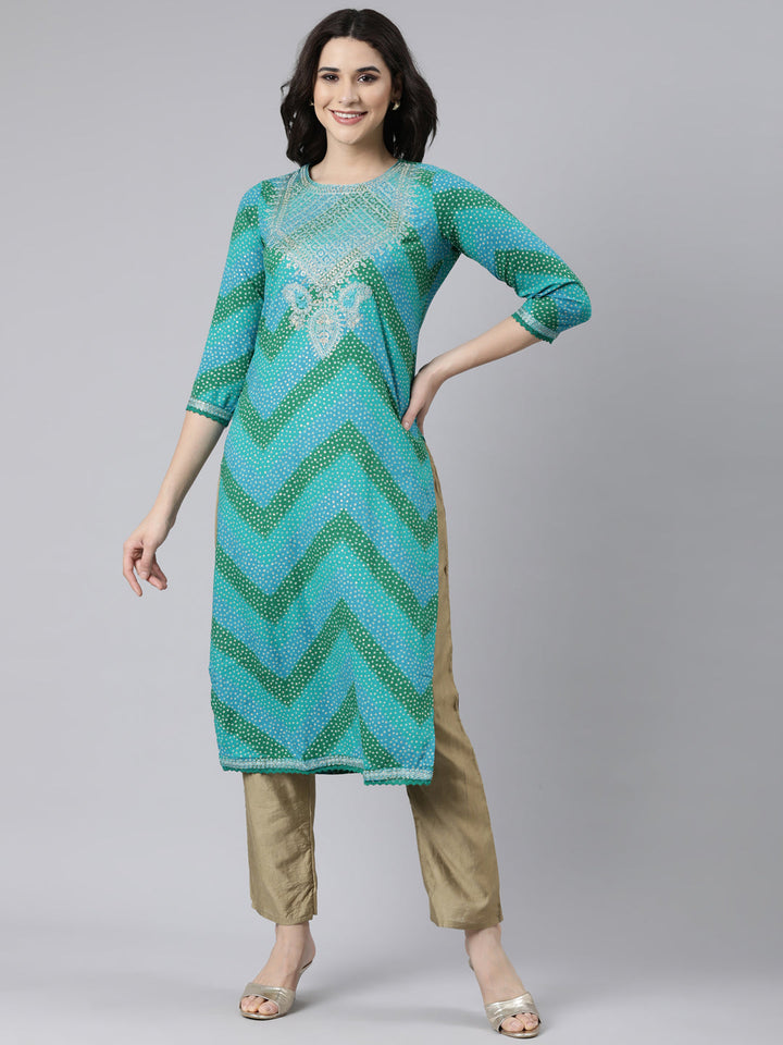 Neerus Blue chevron printed straight kurti - front view