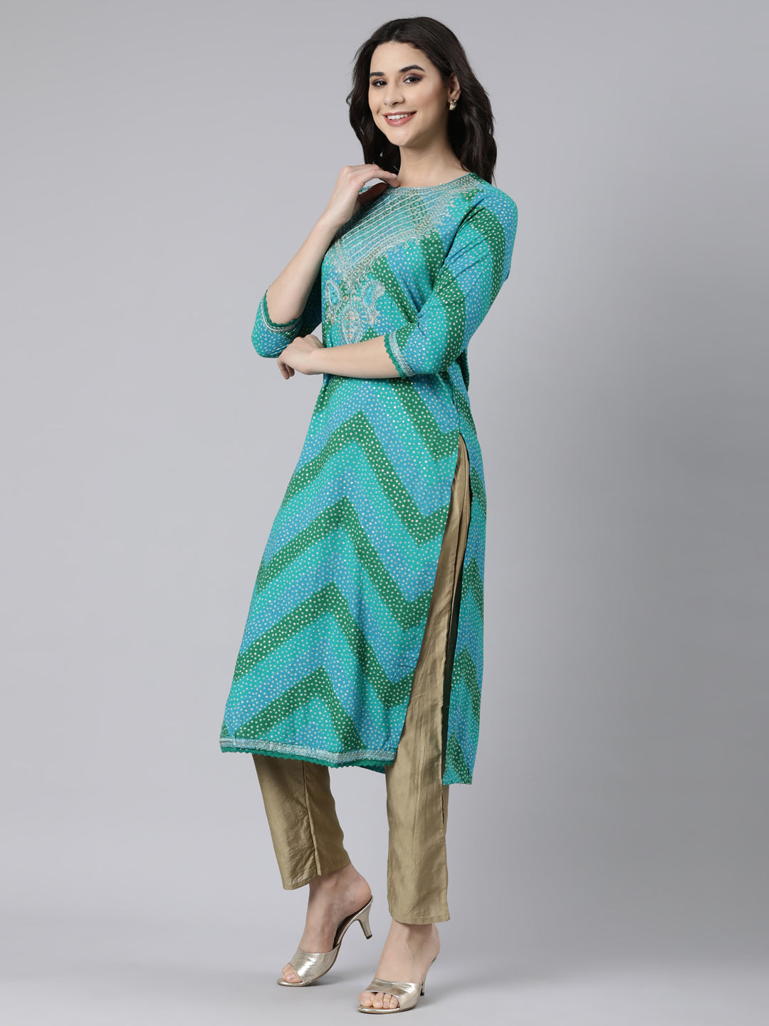 Neerus Blue chevron printed straight kurti - back view