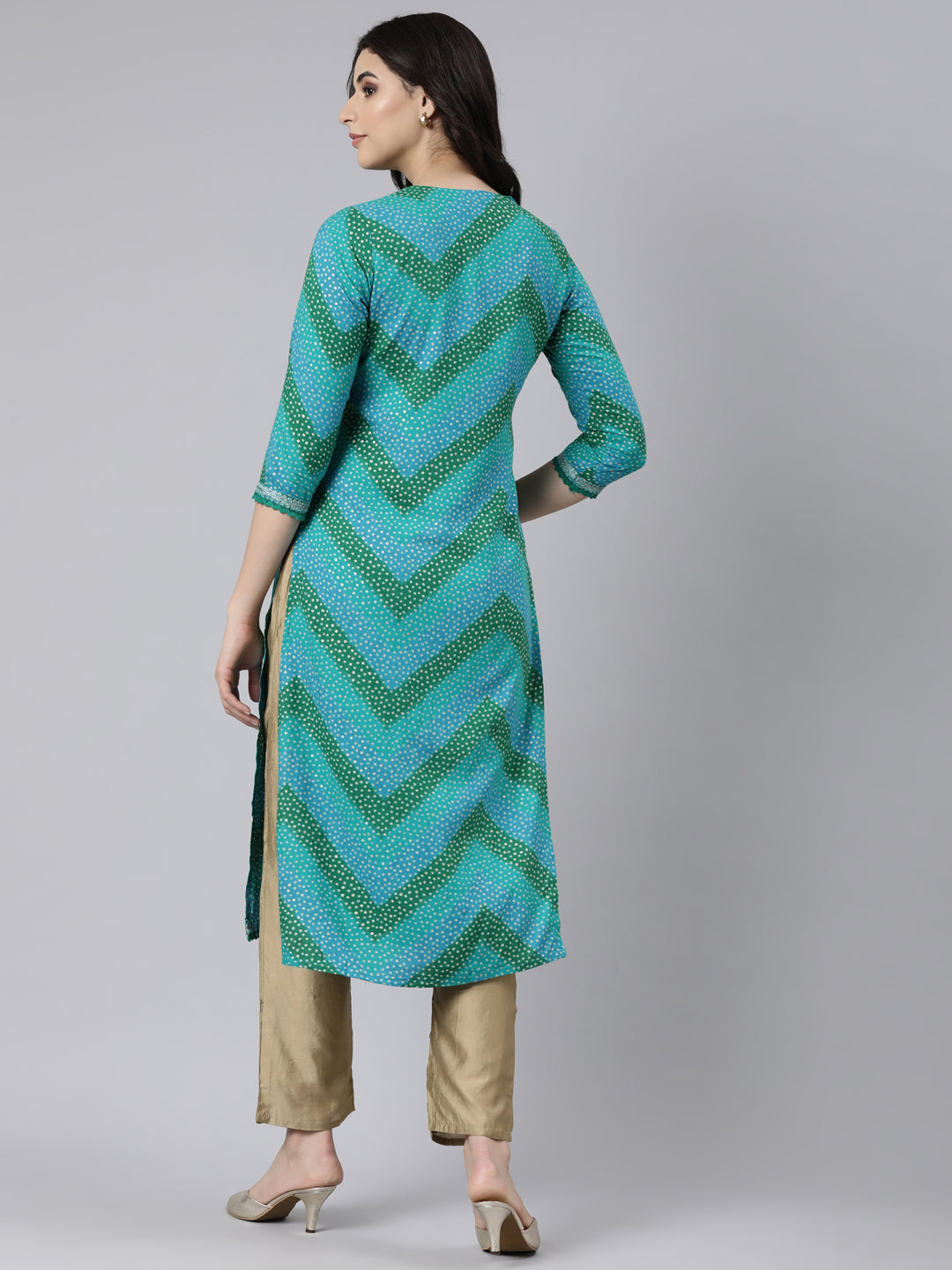 Neerus Blue chevron printed straight kurti - side view