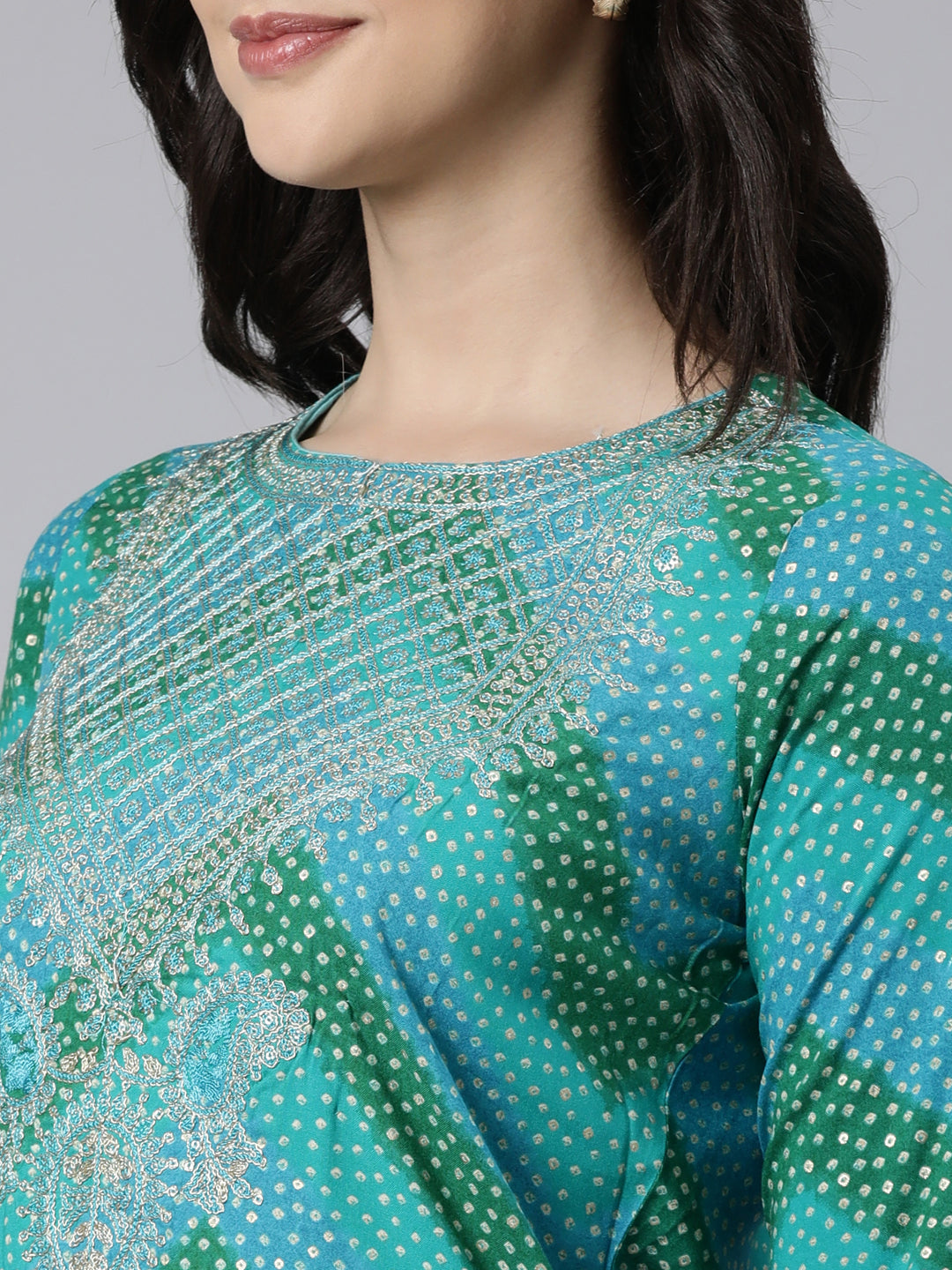 Neerus Blue chevron printed straight kurti - detail view 1