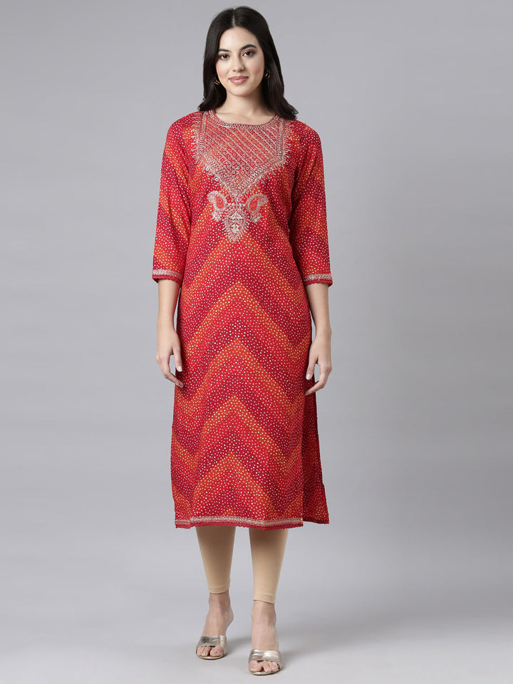 Neerus Red Bandhani printed straight kurti - front view