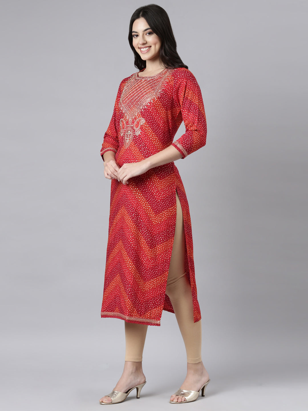 Neerus Red Bandhani printed straight kurti - back view