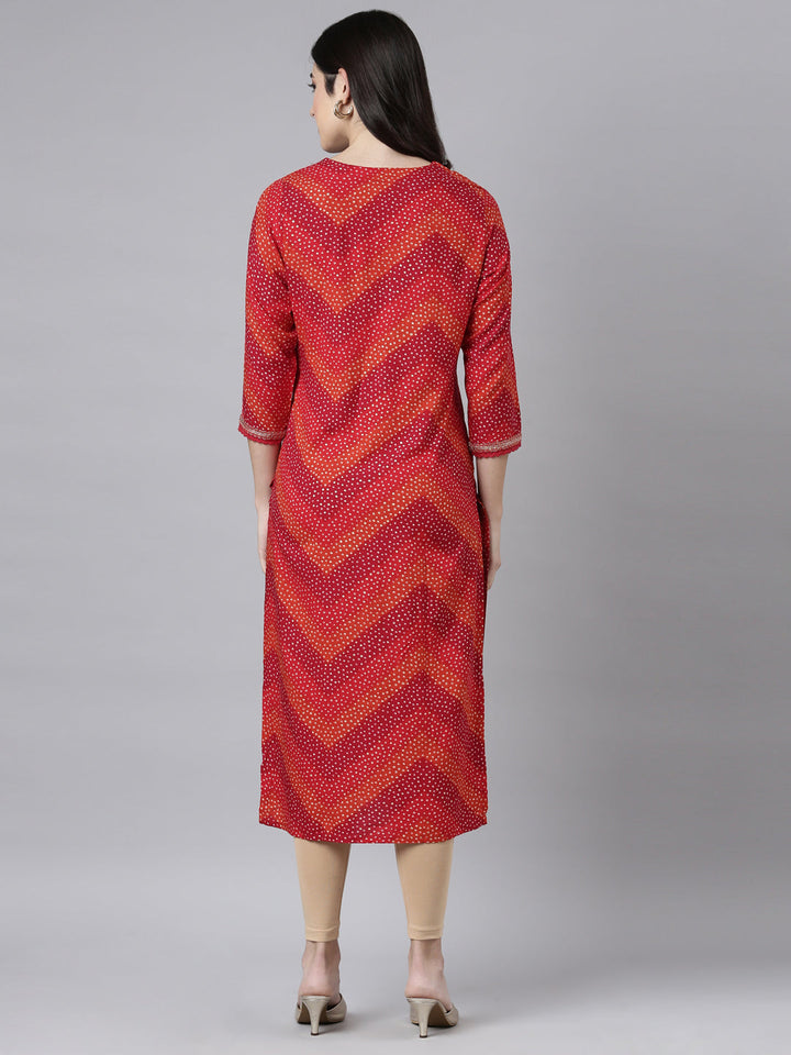 Neerus Red Bandhani printed straight kurti - side view