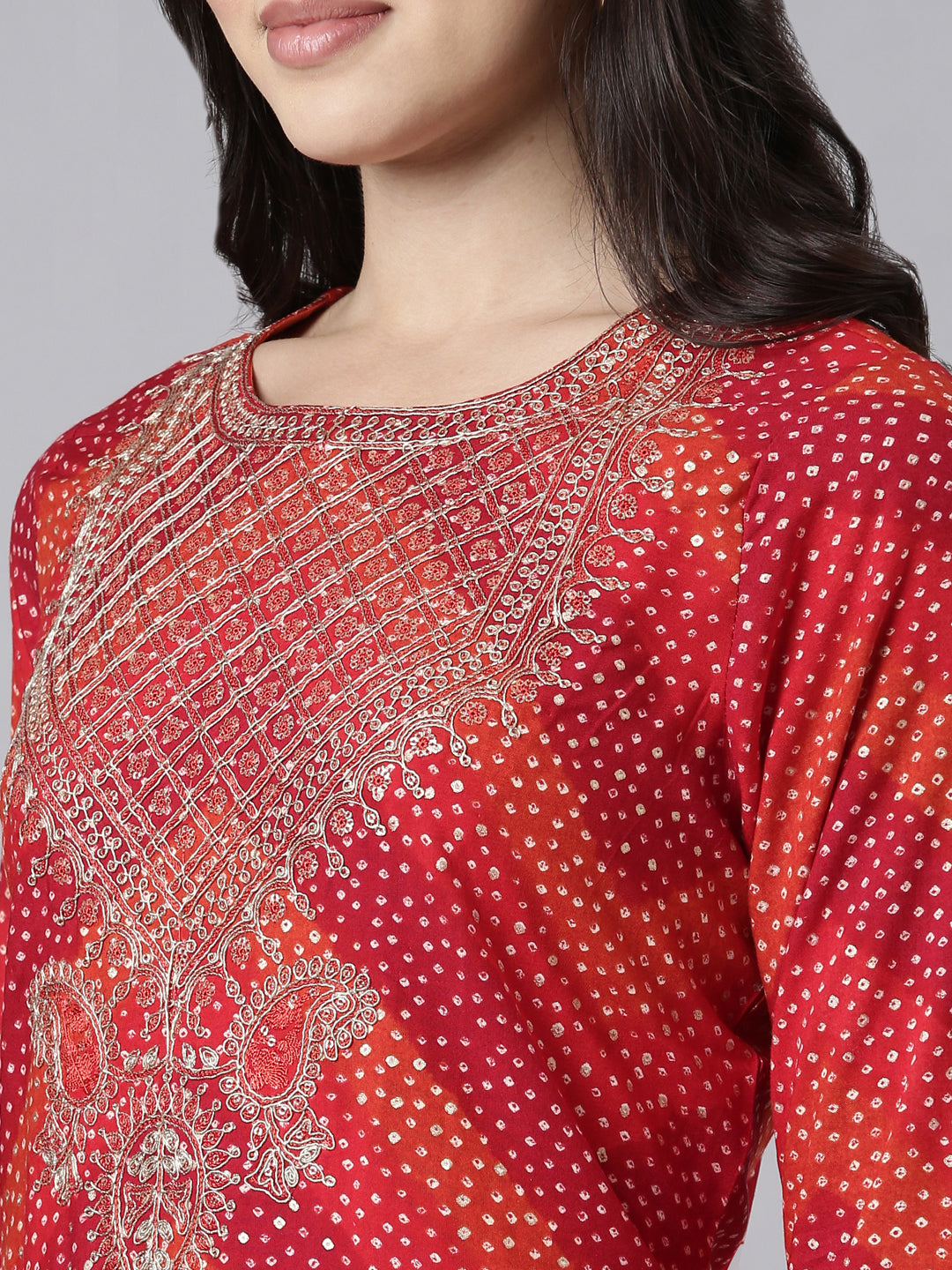 Neerus Red Bandhani printed straight kurti - detail view 1