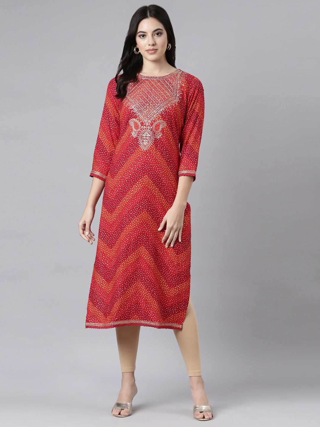 Neerus Red Bandhani printed straight kurti - detail view 2