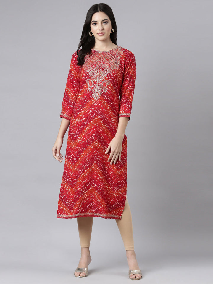 Neerus Red Bandhani printed straight kurti - detail view 2