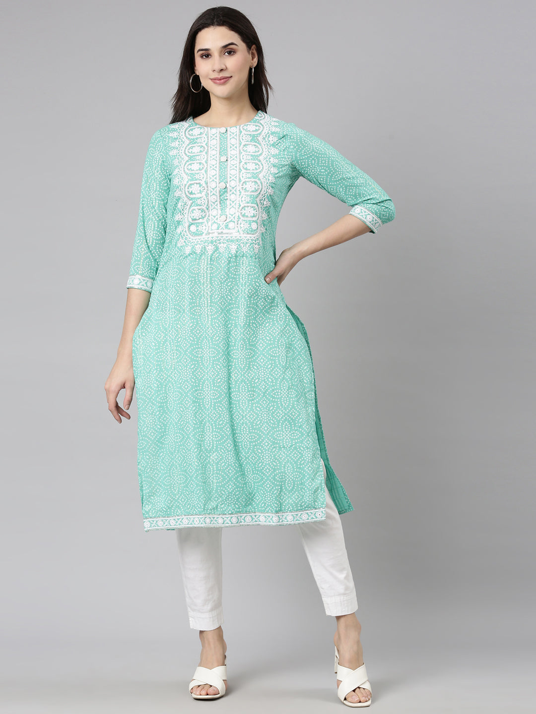 Neerus Green cotton Bandhani printed kurti - front view