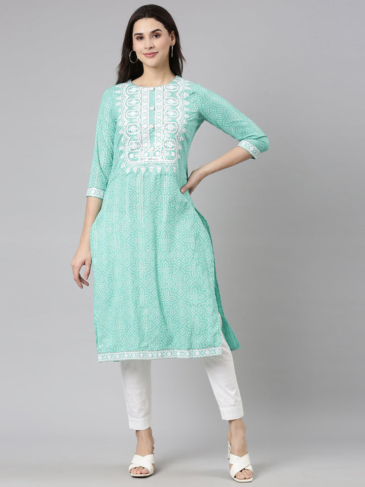 Neerus Green cotton Bandhani printed kurti - front view