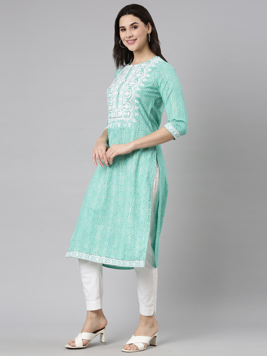 Neerus Green cotton Bandhani printed kurti - back view
