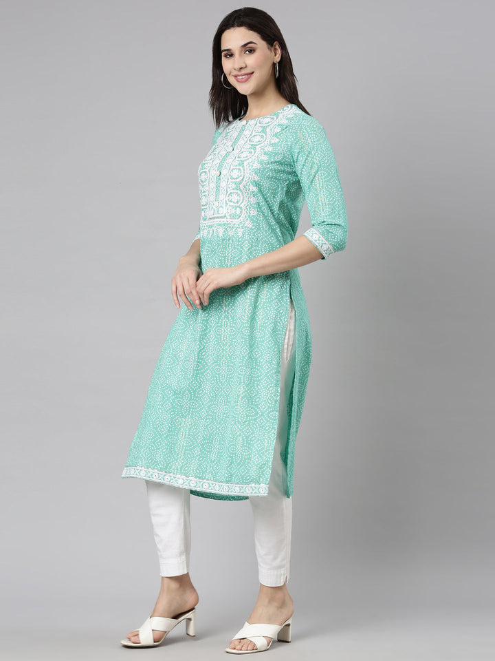 Neerus Green cotton Bandhani printed kurti - back view