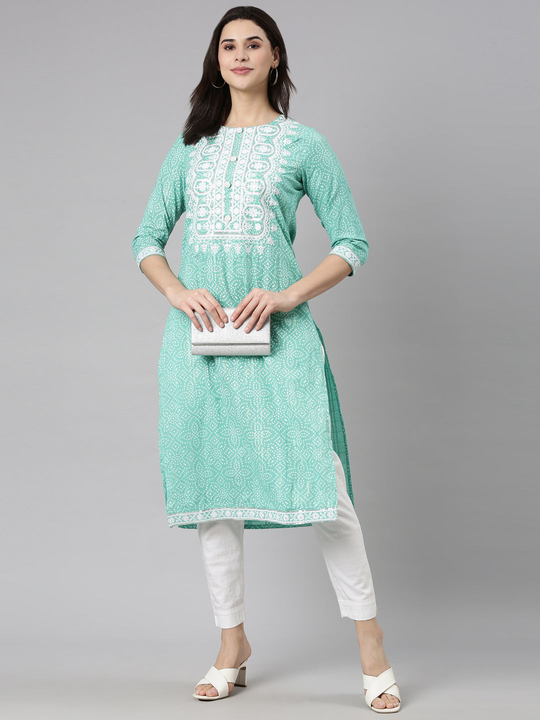 Neerus Green cotton Bandhani printed kurti - detail view 2