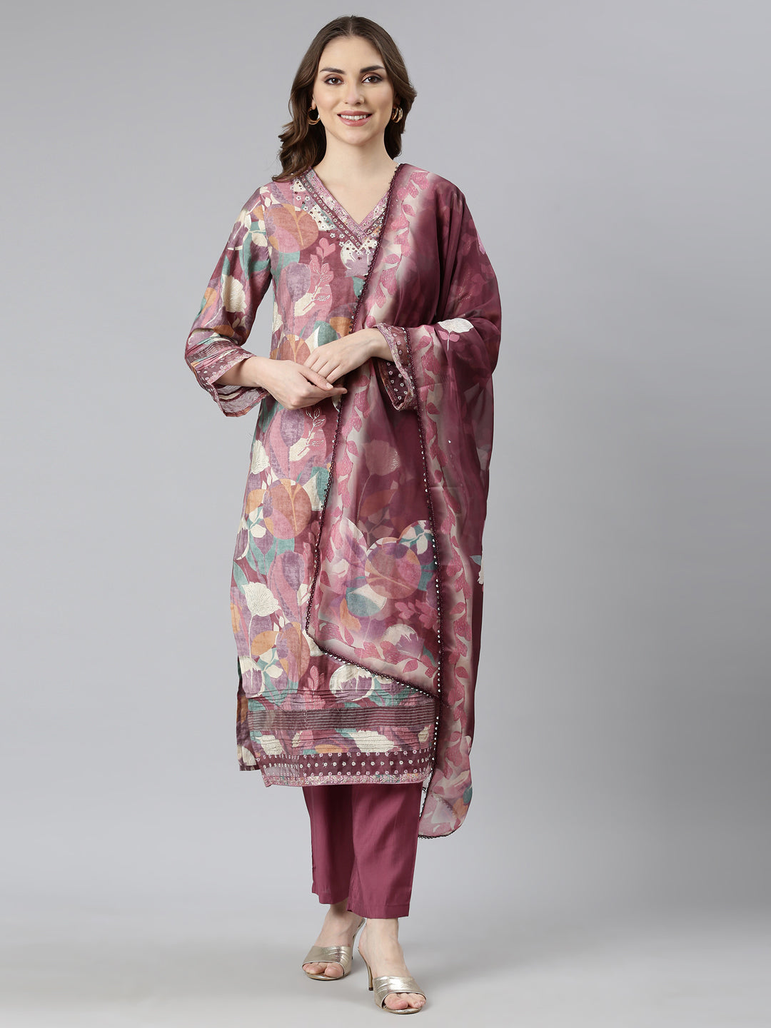 Neerus Pink printed floral suit set - front view