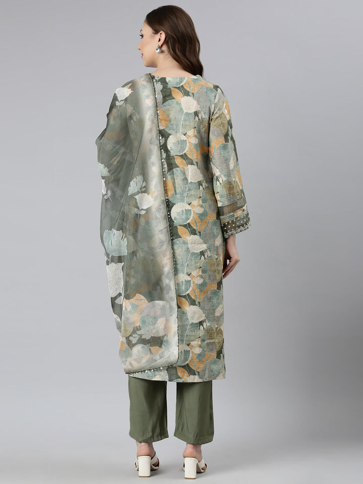 Neerus Green printed floral suit set straight kurta with trouser and dupatta - side view