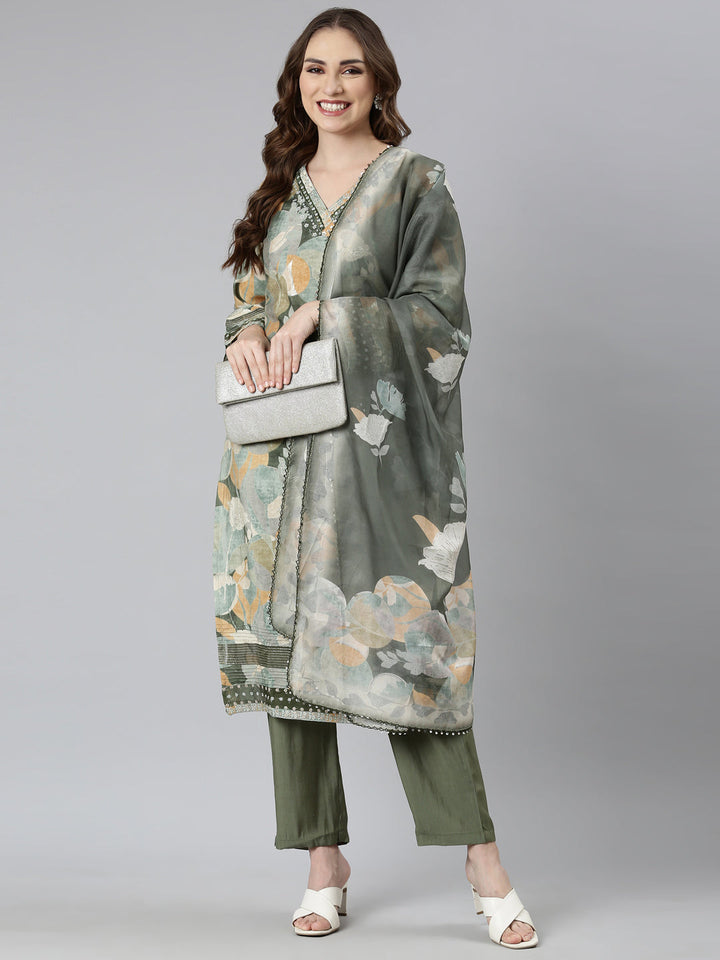Neerus Green printed floral suit set straight kurta with trouser and dupatta - detail view 2
