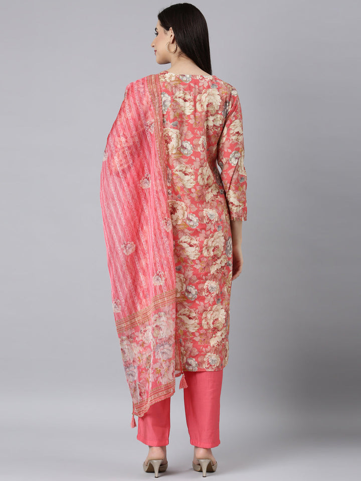 Neerus Pink floral printed straight suit set - side view
