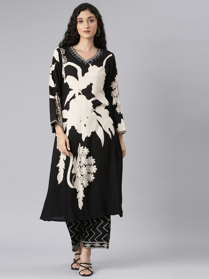 Neerus Black rayon printed kurta set with palazzo - front view