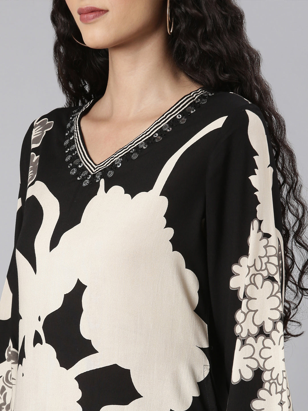 Neerus Black rayon printed kurta set with palazzo - detail view 2