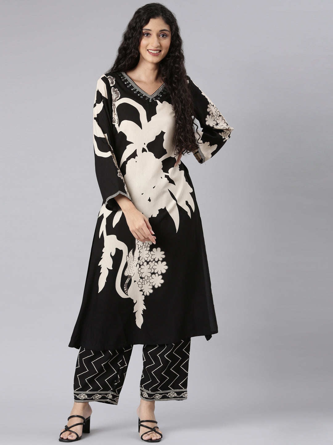 Neerus Black rayon printed kurta set with palazzo - detail view 3