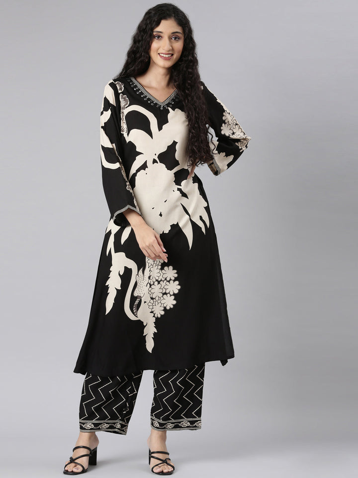 Neerus Black rayon printed kurta set with palazzo - detail view 3