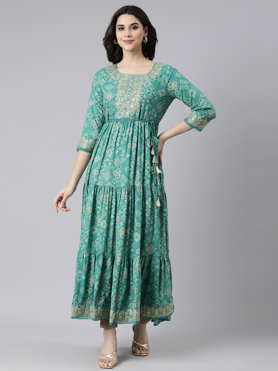 Neerus Green floral printed flared dress - front view