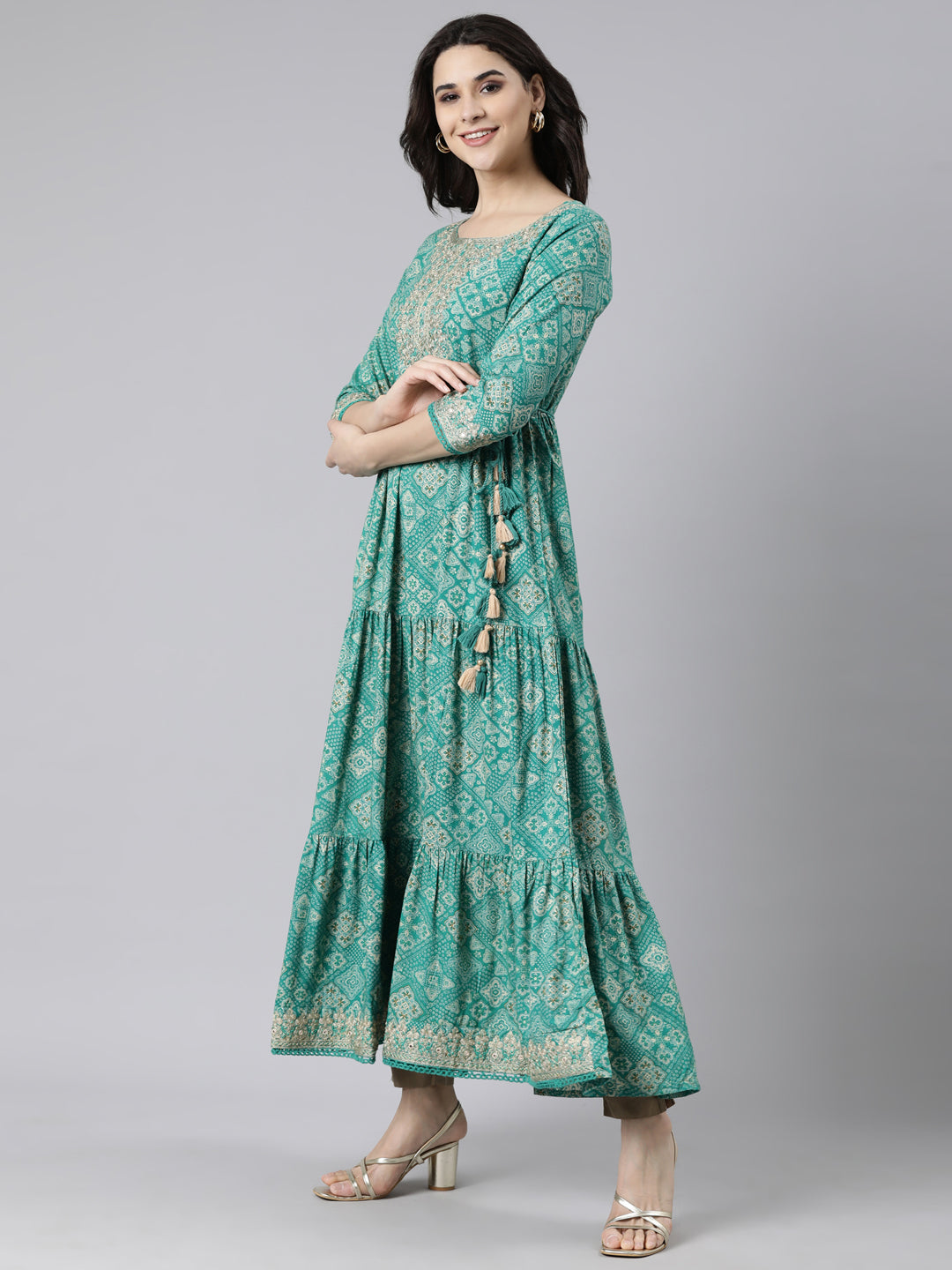 Neerus Green floral printed flared dress - back view