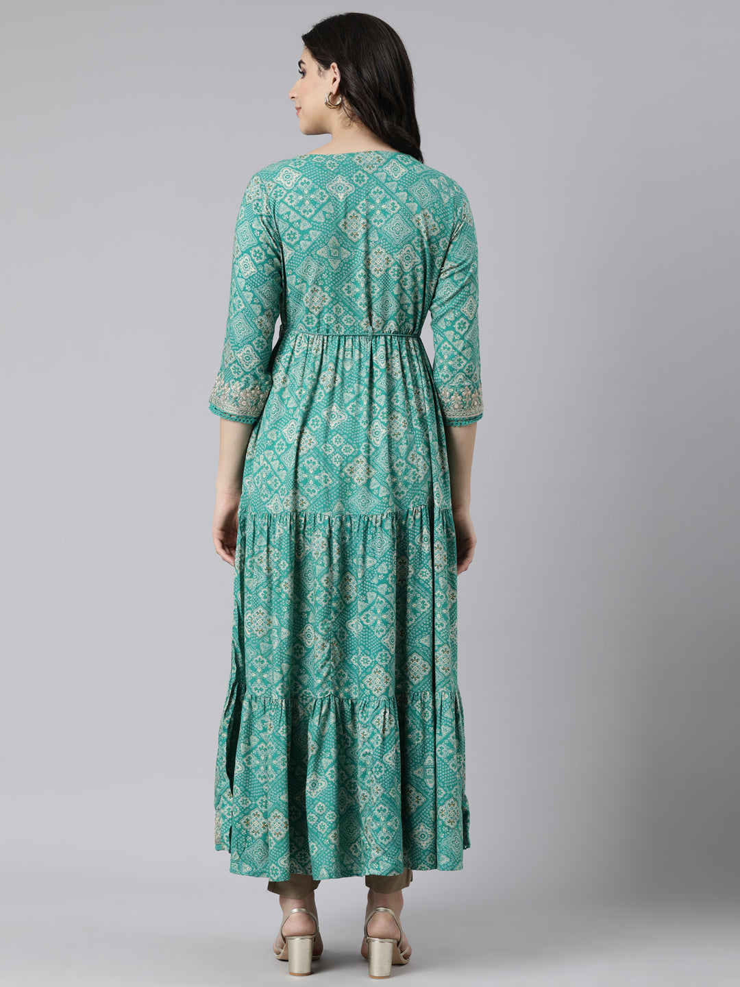 Neerus Green floral printed flared dress - side view