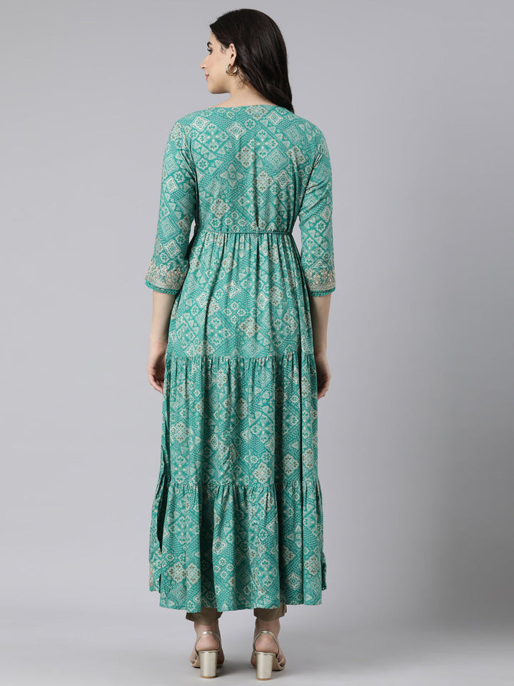 Neerus Green floral printed flared dress - side view
