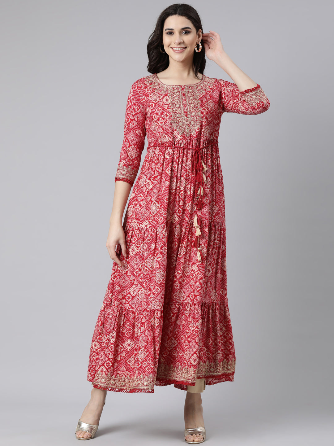 Neerus Pink rayon printed flared dress - front view