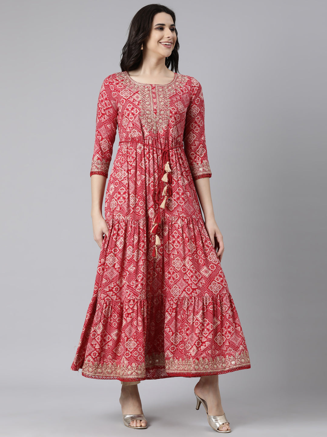 Neerus Pink rayon printed flared dress - back view