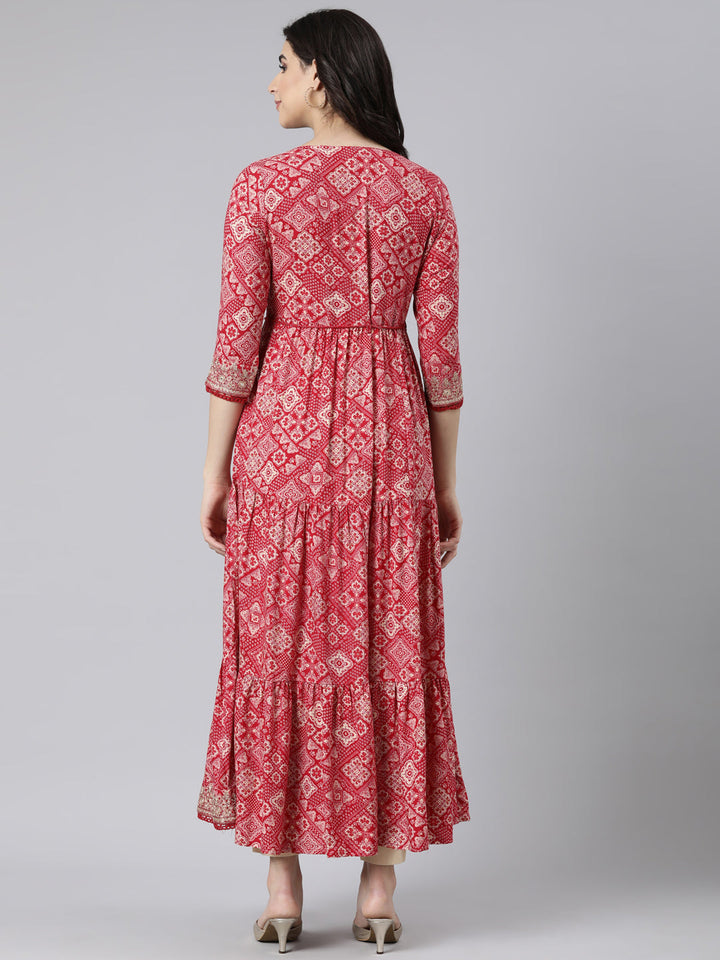Neerus Pink rayon printed flared dress - side view