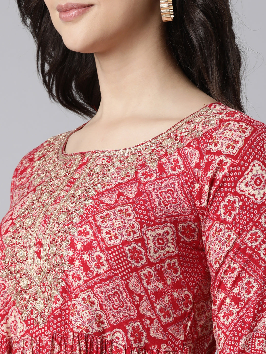 Neerus Pink rayon printed flared dress - detail view 1