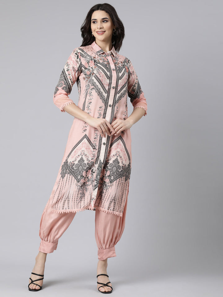 Neerus Pink cotton printed kurta set - front view