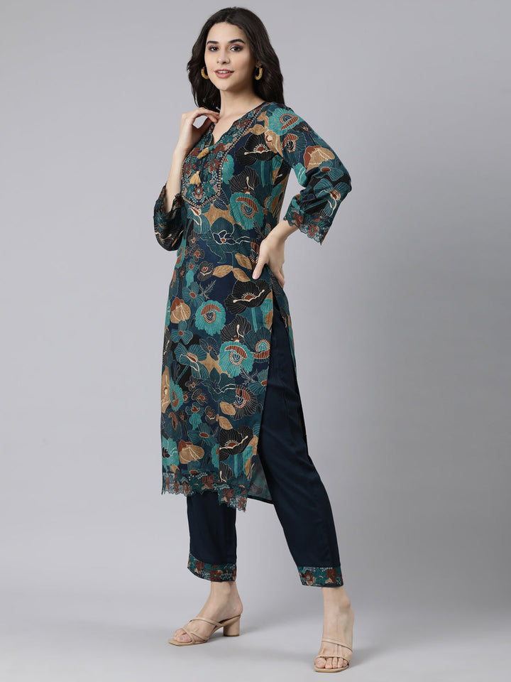 Neerus Blue printed floral straight suit set - back view