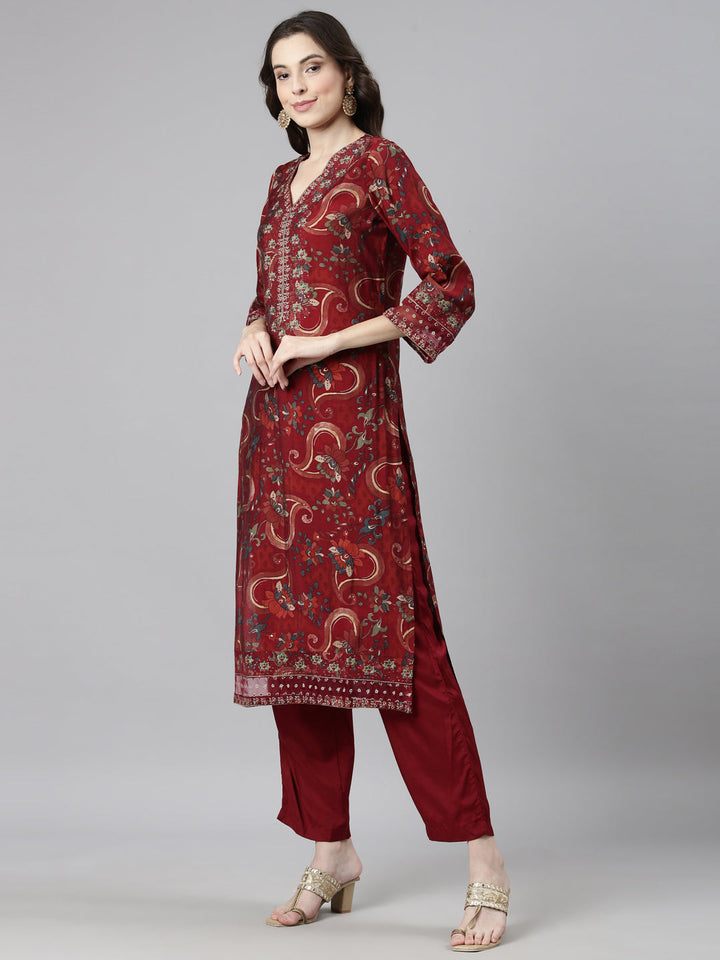 Neerus Maroon Casual Floral Straight Kurta and Trousers With Dupatta