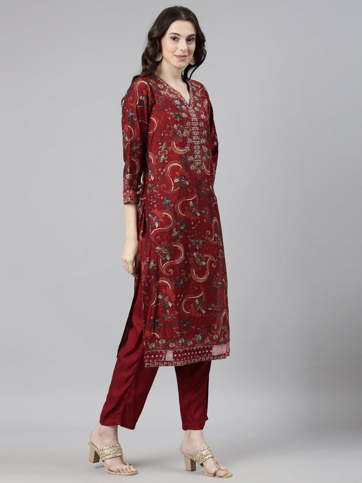 Neerus Maroon Casual Floral Straight Kurta and Trousers With Dupatta