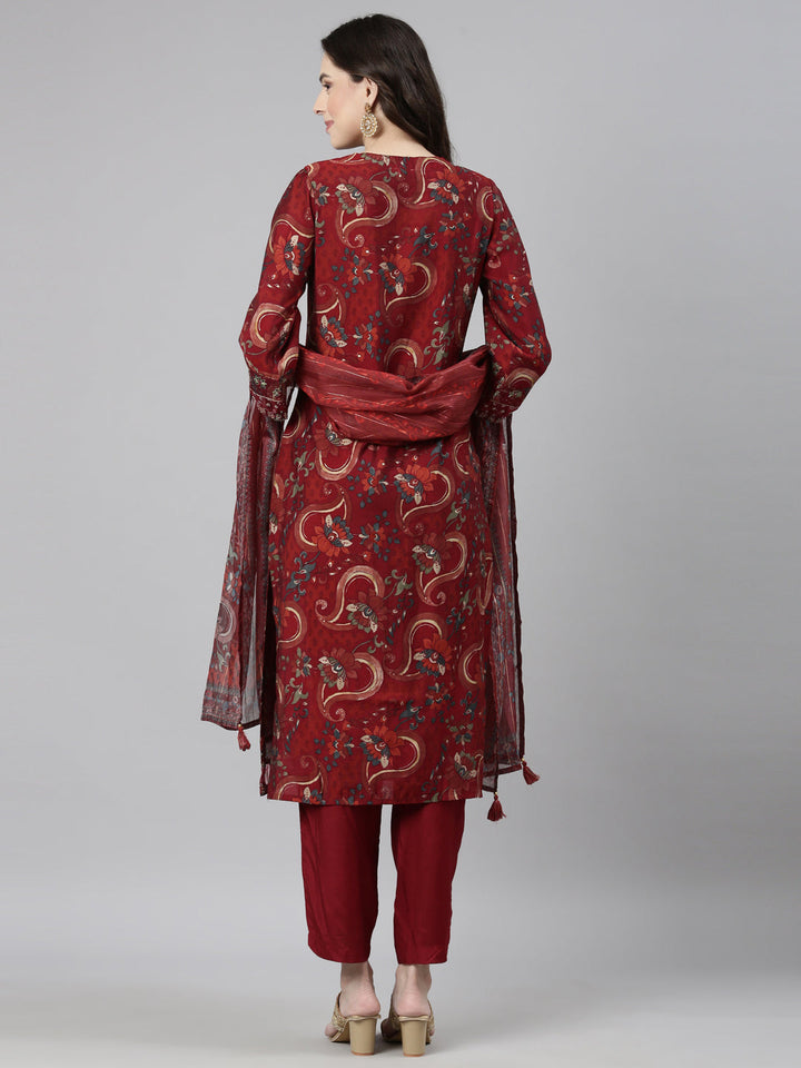 Neerus Maroon Casual Floral Straight Kurta and Trousers With Dupatta