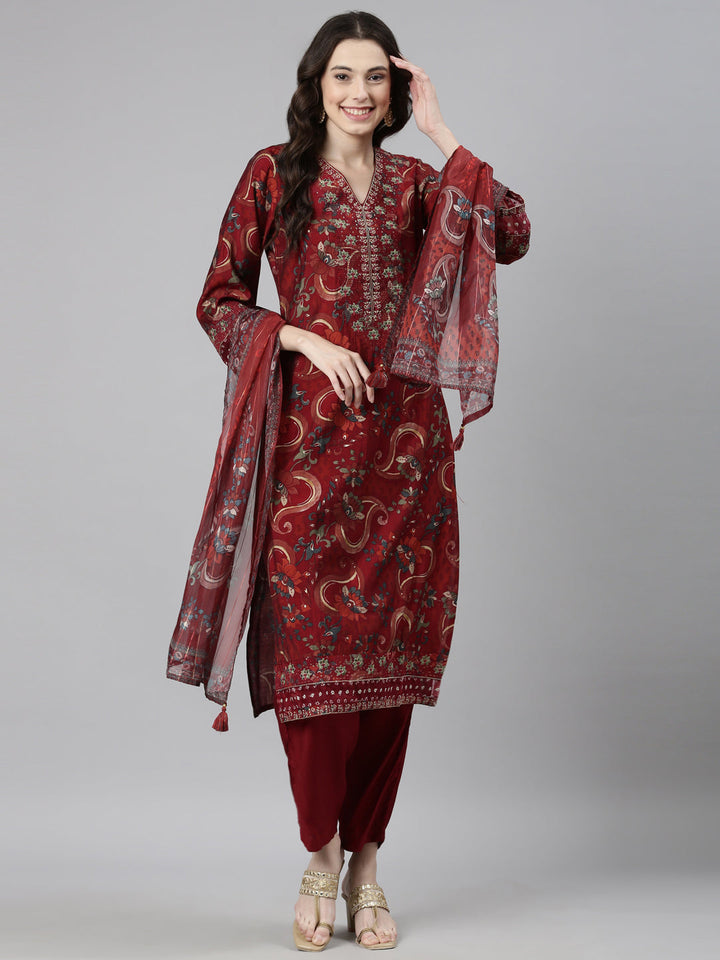 Neerus Maroon Casual Floral Straight Kurta and Trousers With Dupatta