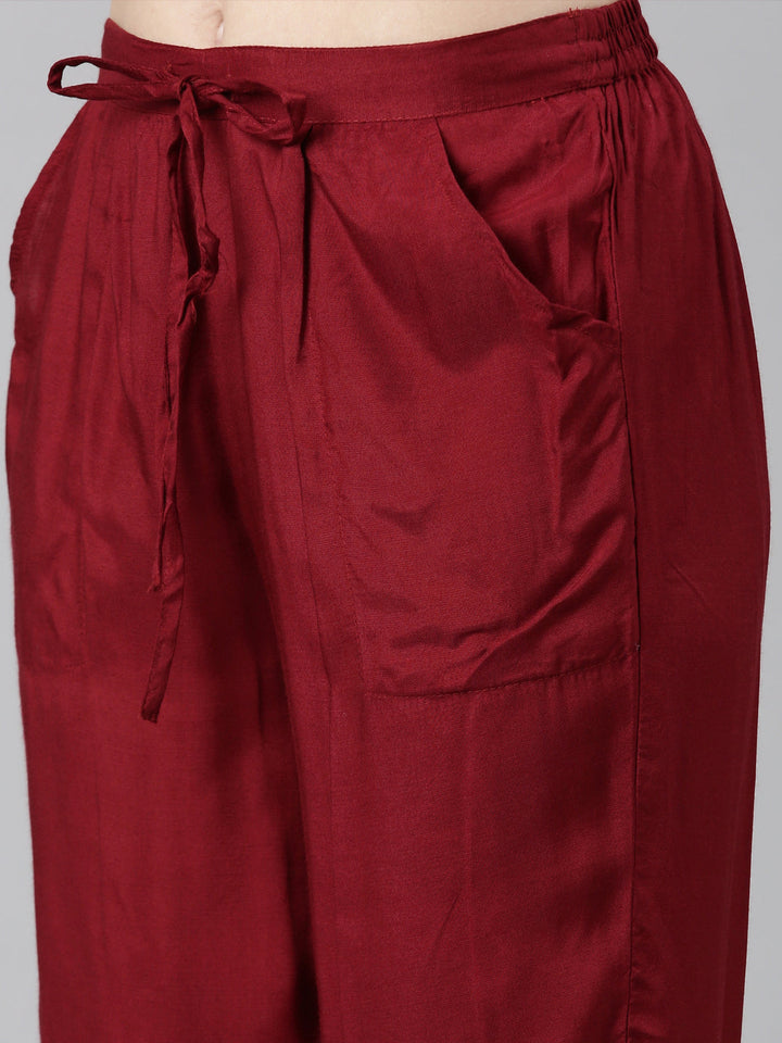 Neerus Maroon Casual Floral Straight Kurta and Trousers With Dupatta