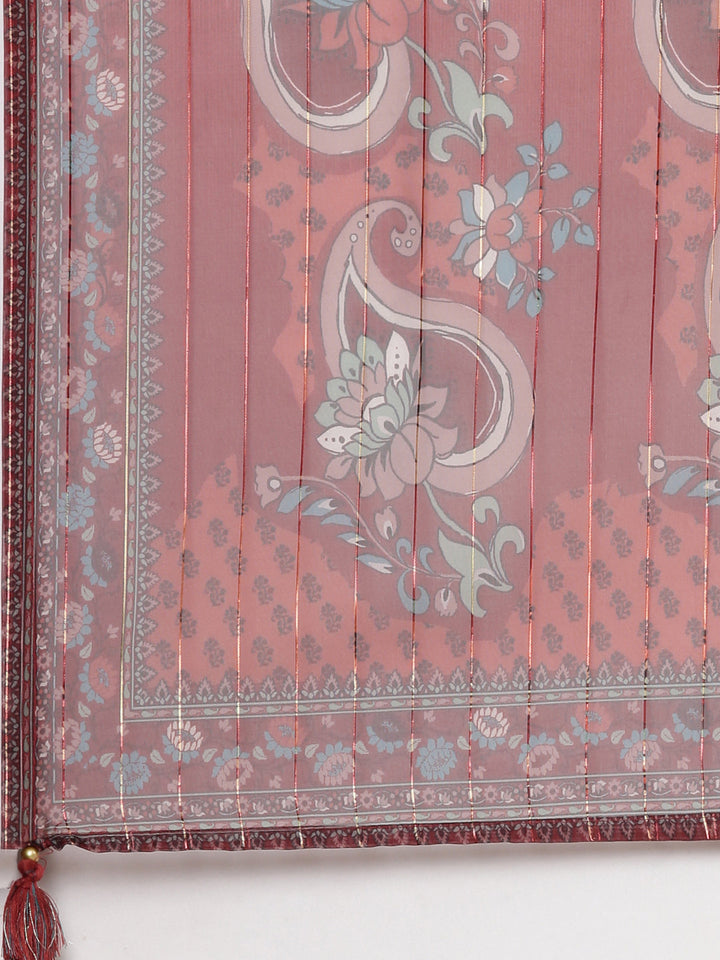 Neerus Maroon Casual Floral Straight Kurta and Trousers With Dupatta