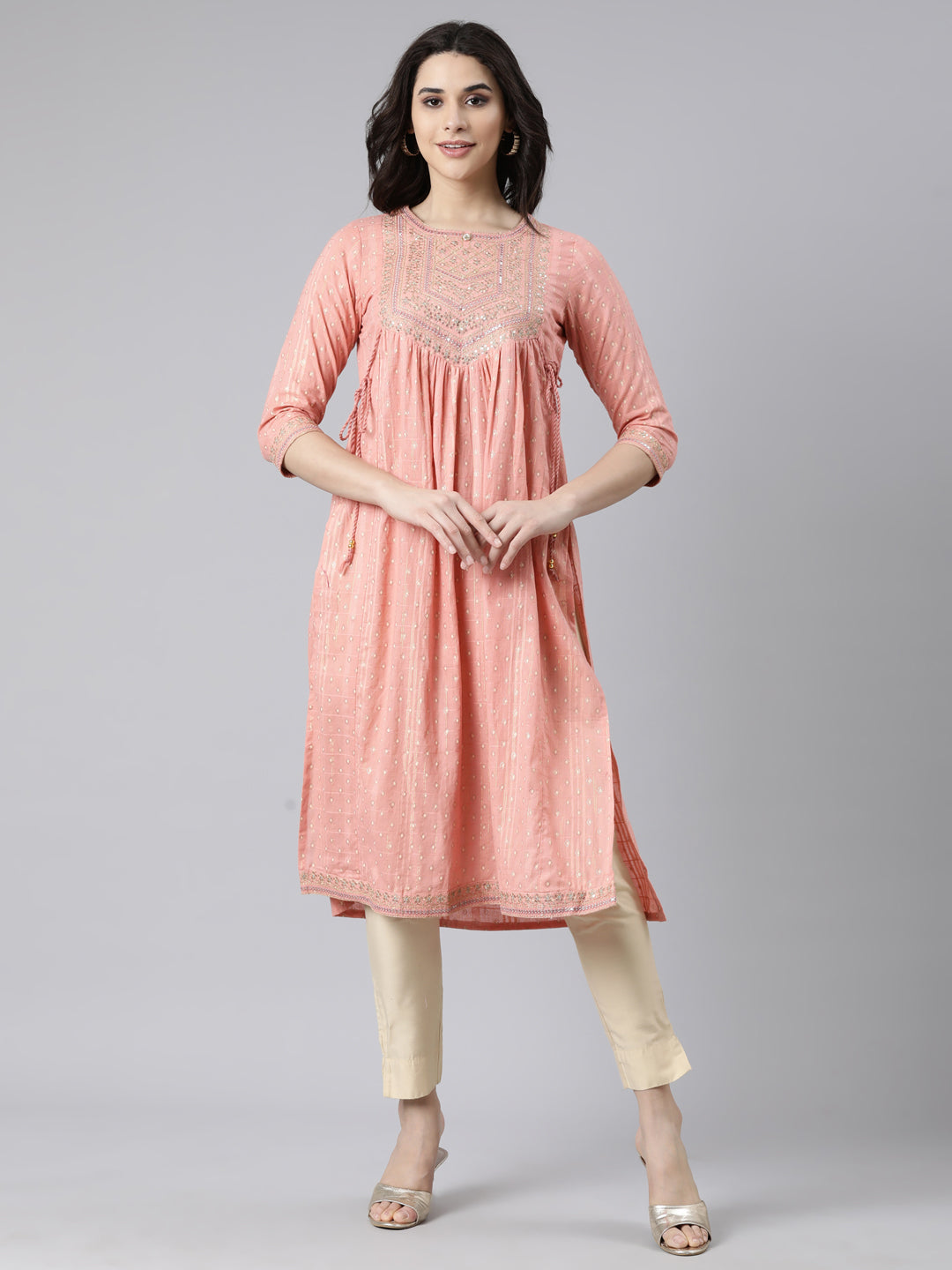 Neerus Orange cotton bandhani straight kurti - front view