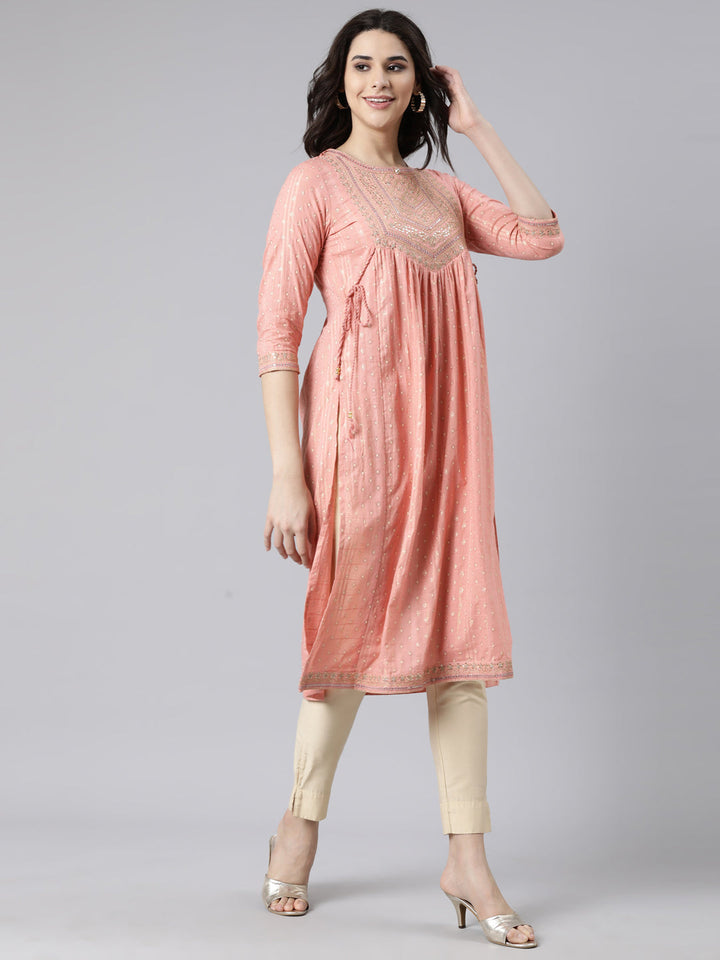 Neerus Orange cotton bandhani straight kurti - back view