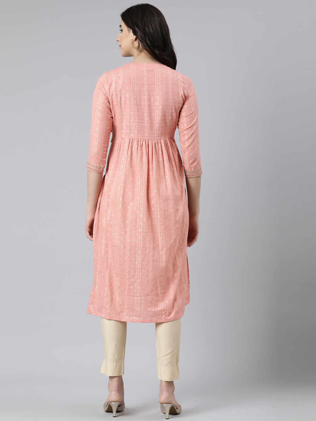 Neerus Orange cotton bandhani straight kurti - side view
