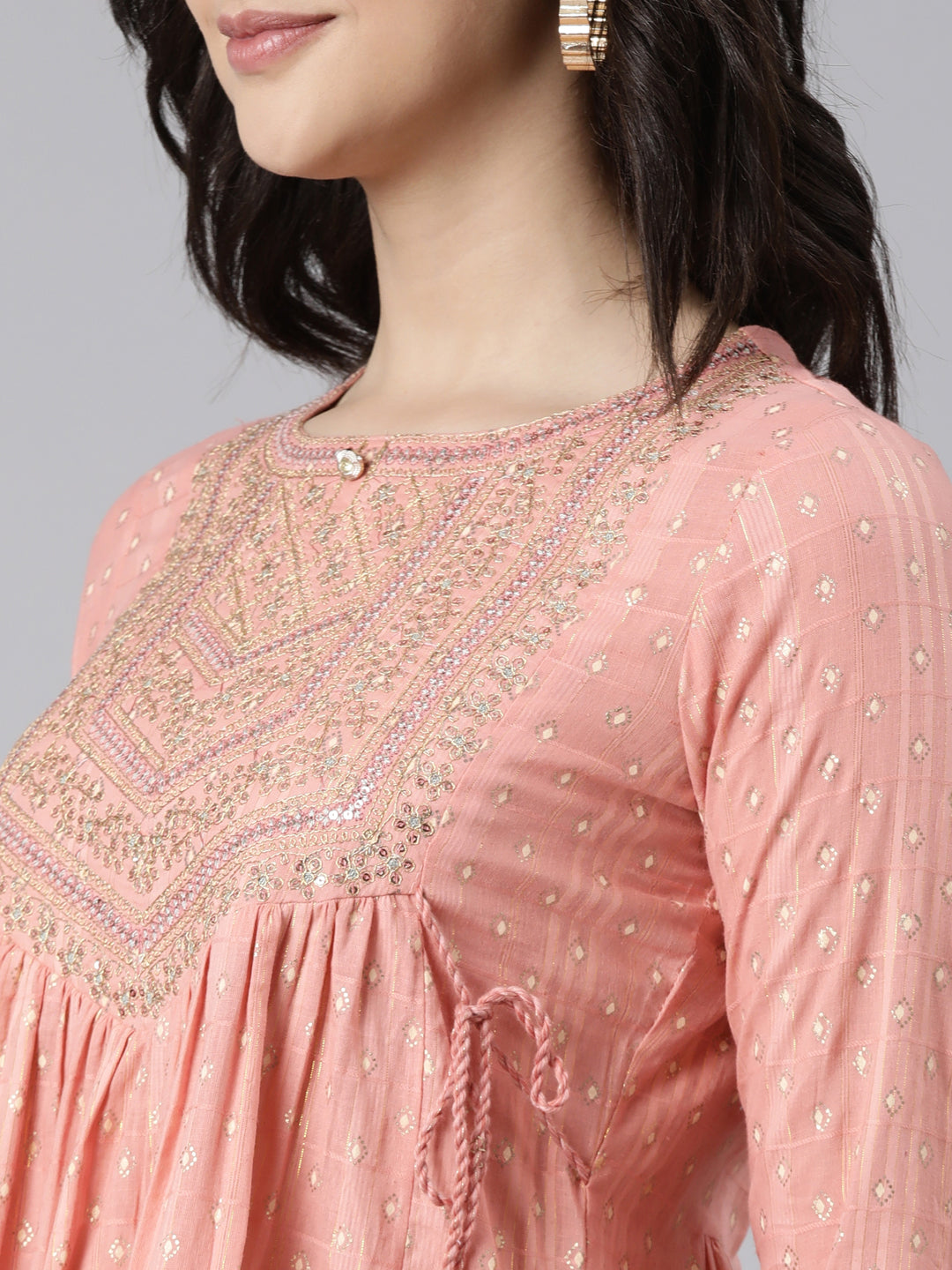 Neerus Orange cotton bandhani straight kurti - detail view 2