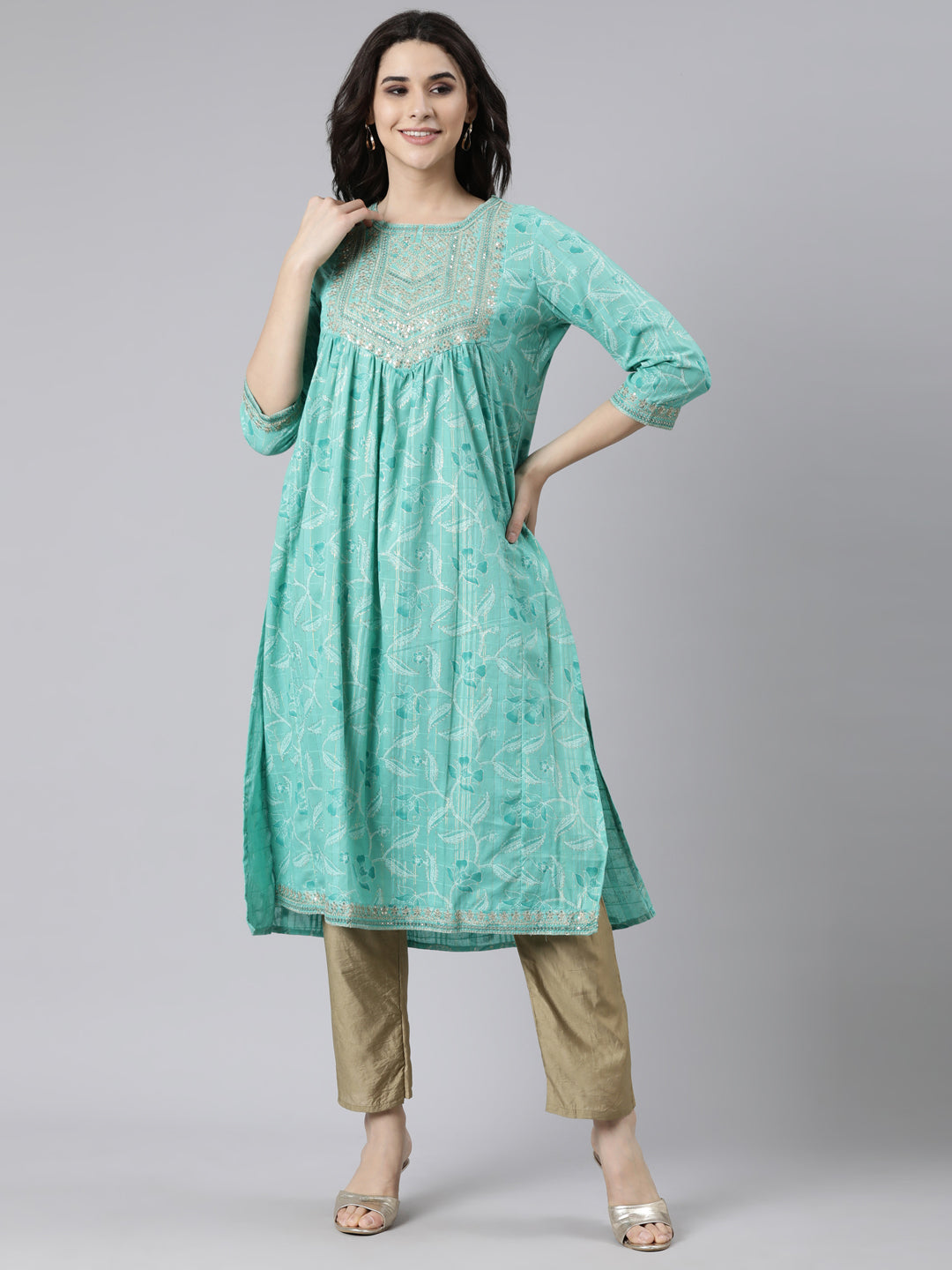 Neerus Green cotton Bandhani printed straight kurti - front view
