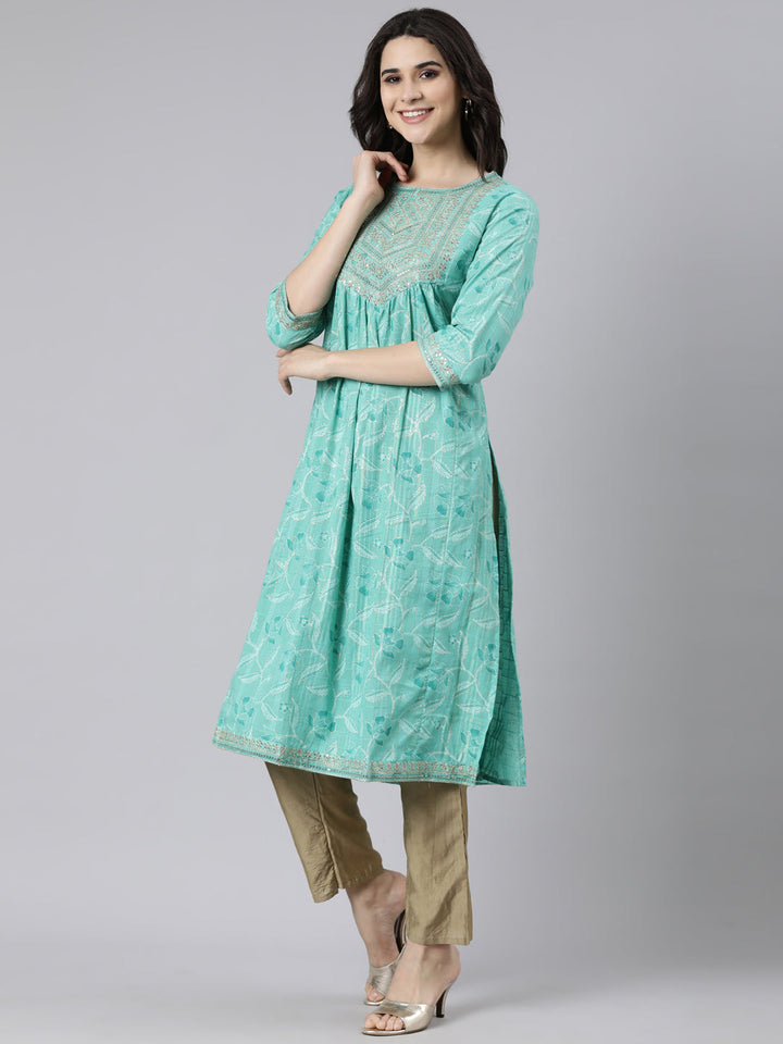 Neerus Green cotton Bandhani printed straight kurti - back view