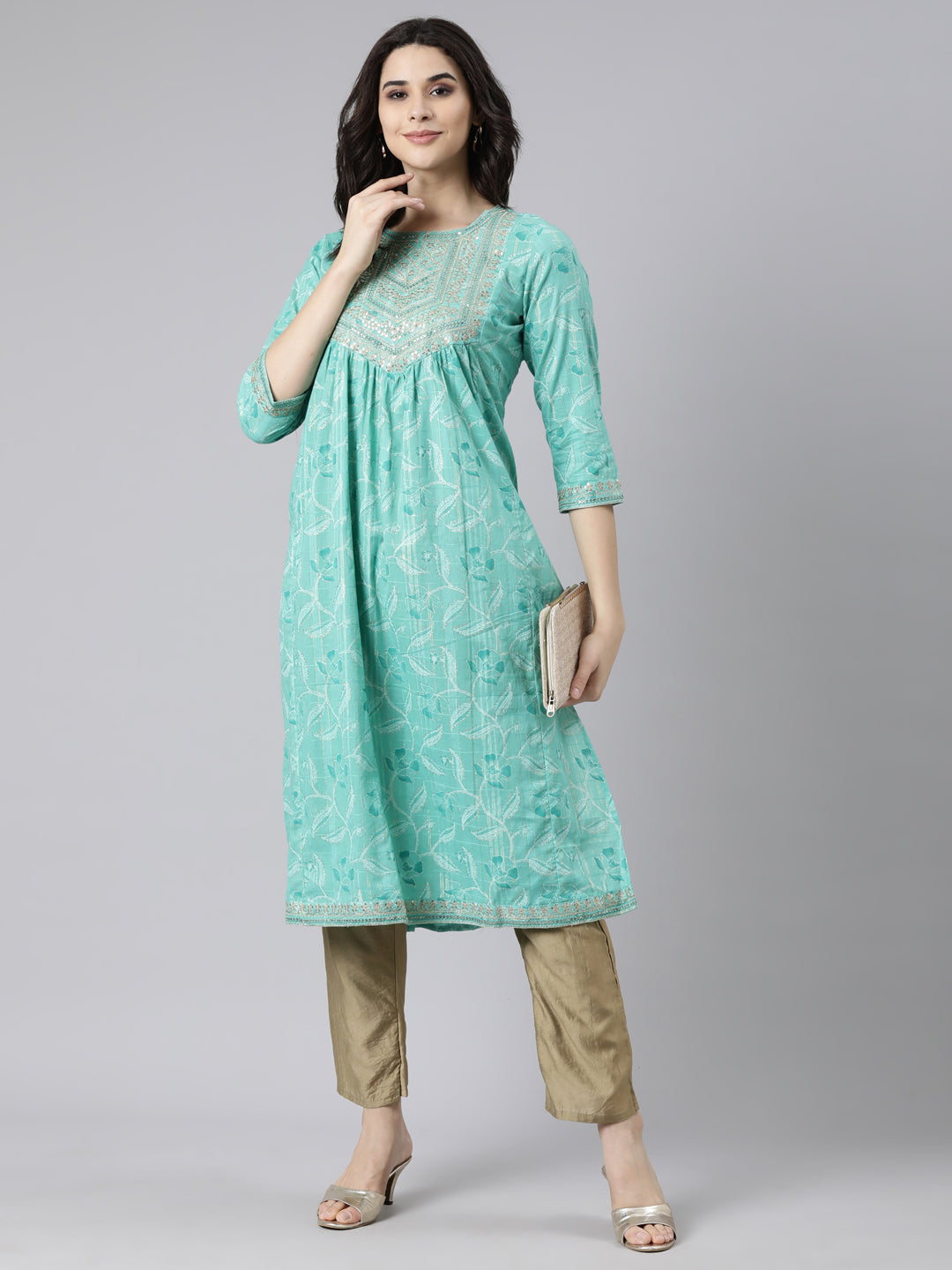 Neerus Green cotton Bandhani printed straight kurti - detail view 1